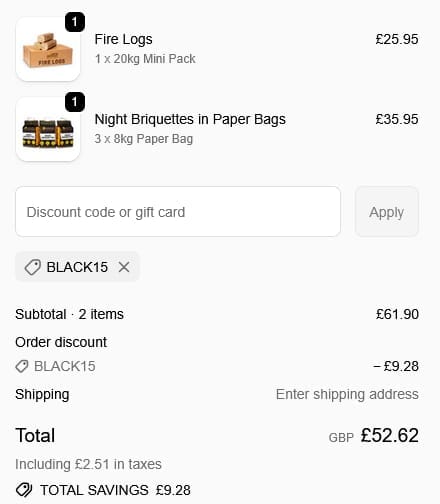 Screenshot of the Lekto Wood Fuels discount code working