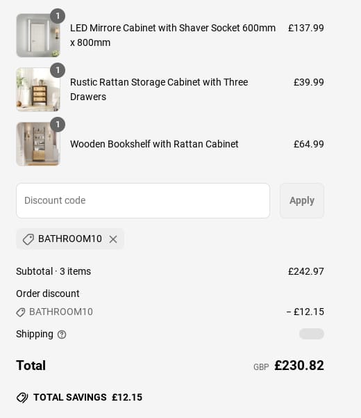 Screenshot of the Bathroom Deco discount code working