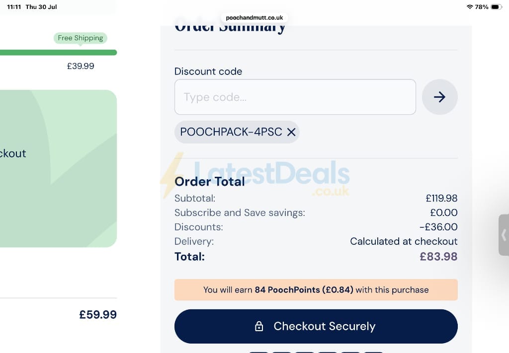 Screenshot of the Pooch & Mutt discount code working