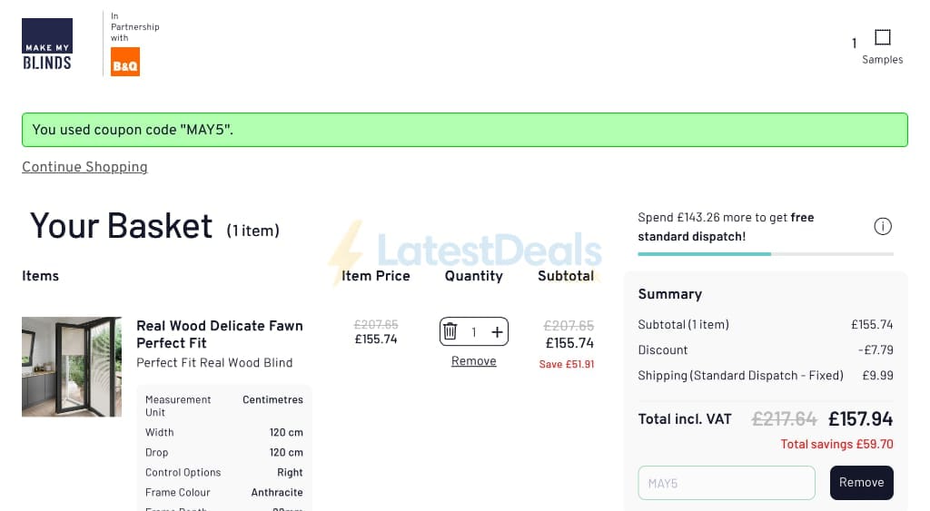 Screenshot of the Make My Blinds discount code working