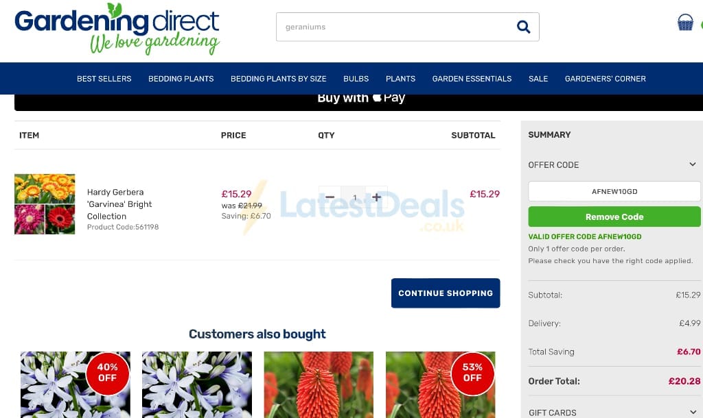 Screenshot of the Gardening Direct discount code working