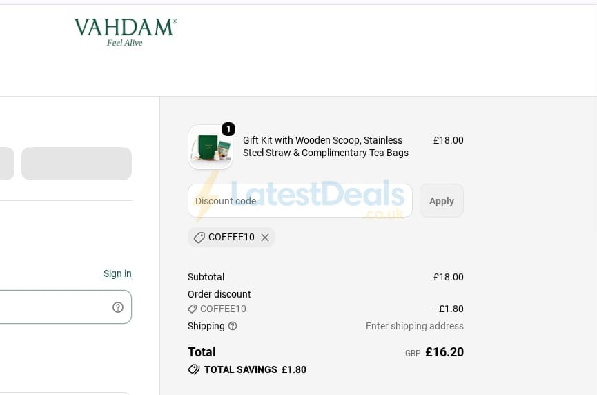 Screenshot of the Vahdam Teas discount code working