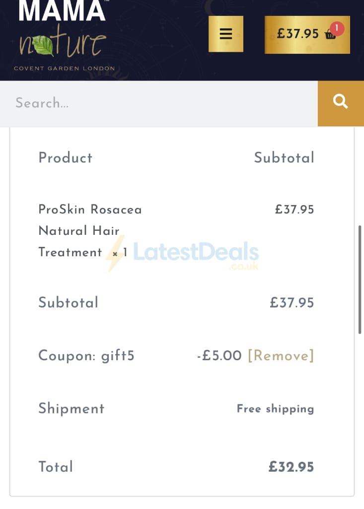 Screenshot of the Mama Nature discount code working