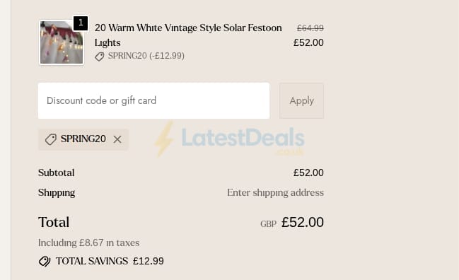 Screenshot of the Lights4fun discount code working