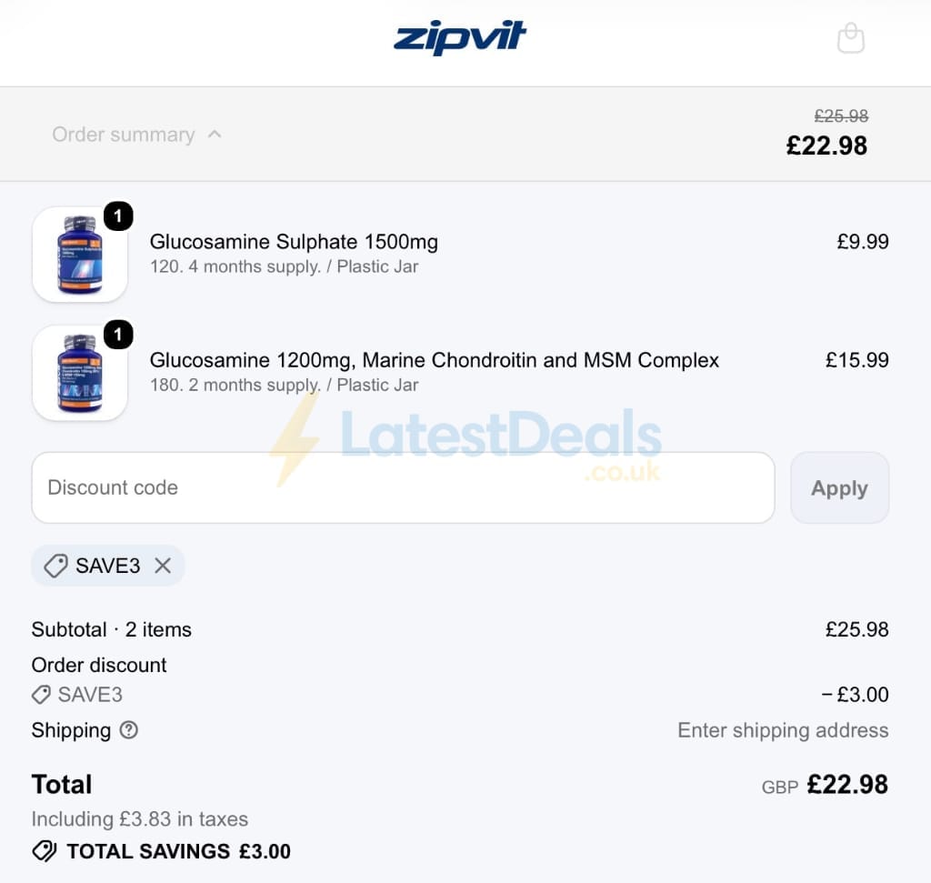 Screenshot of the ZipVit discount code working