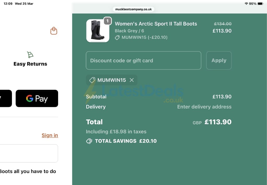 Screenshot of the Muck Boot discount code working