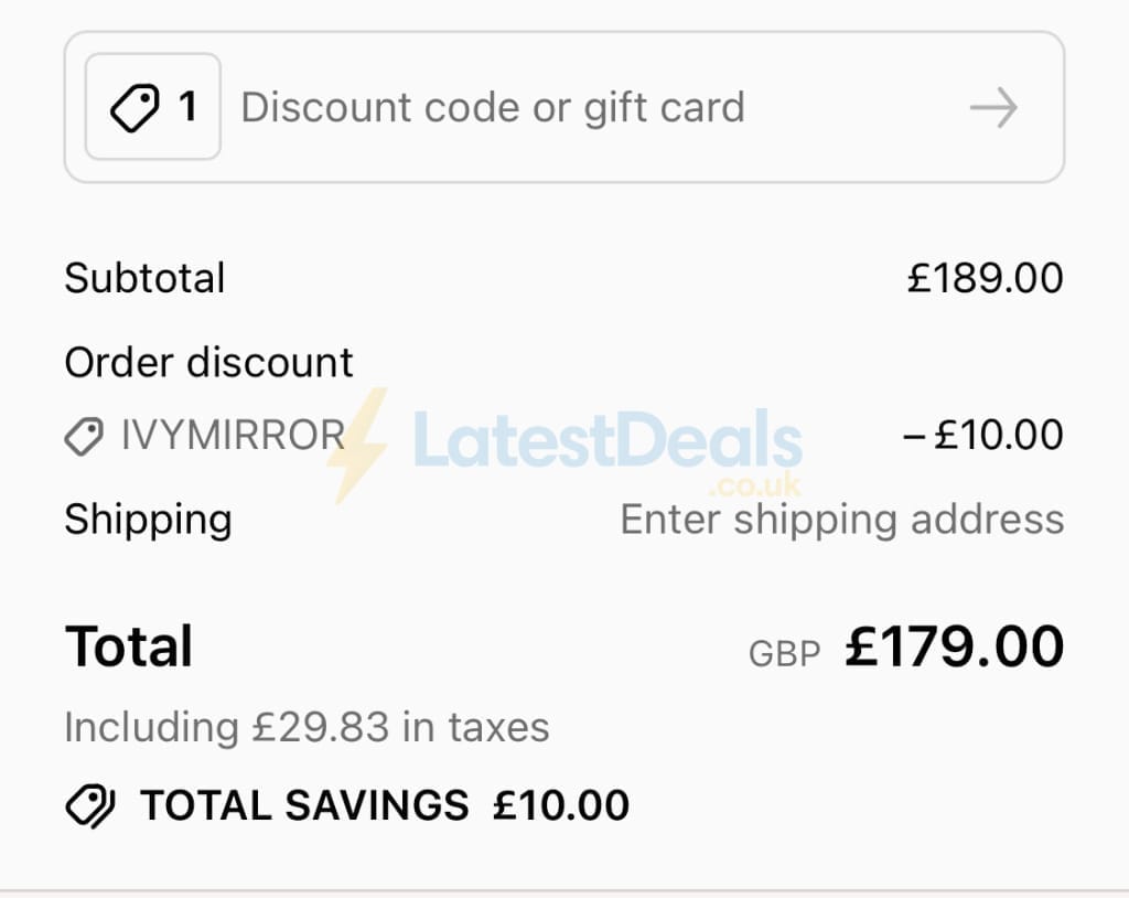 Screenshot of the Hollywood Mirrors discount code working