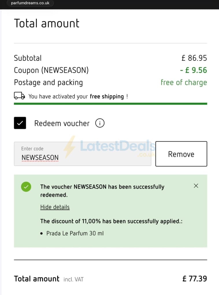 Screenshot of the Parfumdreams discount code working