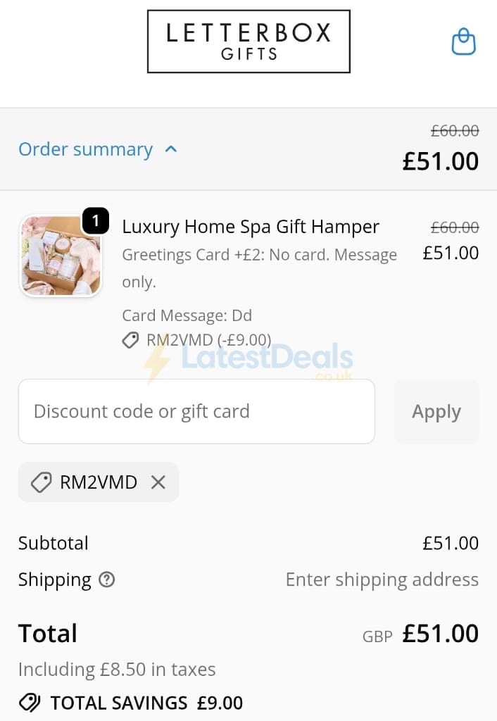 Screenshot of the Letterbox Gifts discount code working