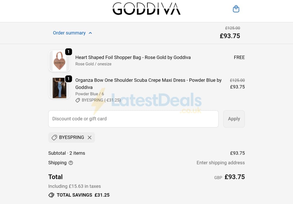 Screenshot of the Goddiva discount code working