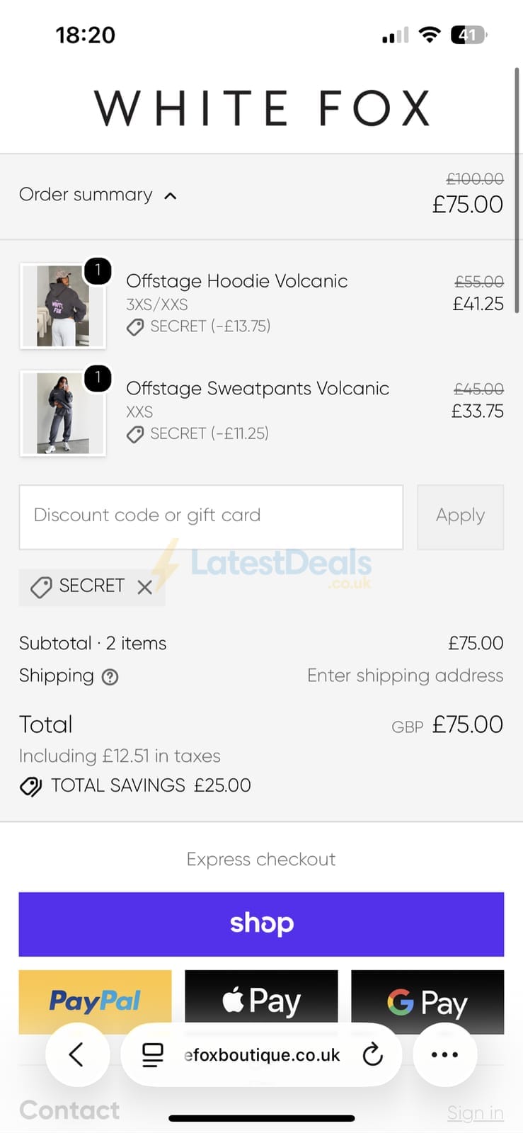 Screenshot of the White Fox discount code working