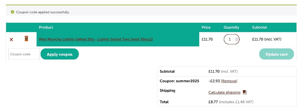 Screenshot of the Munchy Seeds discount code working