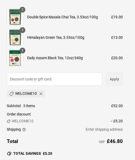 Screenshot of the Vahdam Teas discount code working
