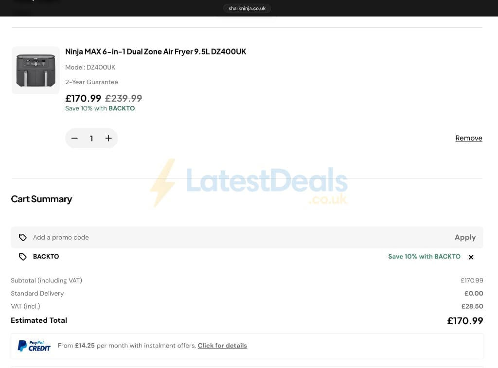 Screenshot of the SharkNinja discount code working