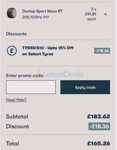 Screenshot of the Protyre discount code working