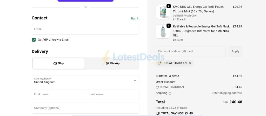 Screenshot of the Kendal Mint Co. discount code working