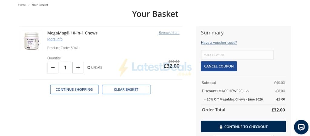 Screenshot of the Metagenics UK discount code working