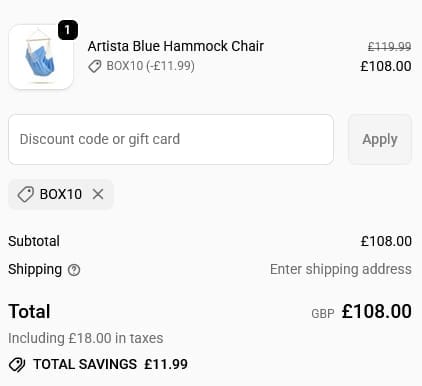 Screenshot of the Simply Hammocks discount code working