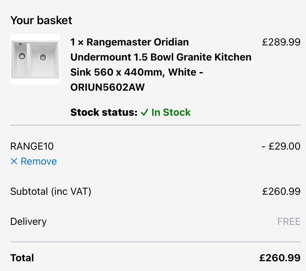 Screenshot of the Plumbworld discount code working