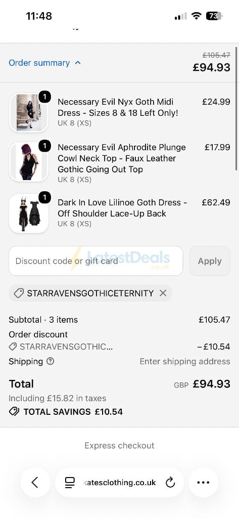Screenshot of the Kate's Clothing discount code working