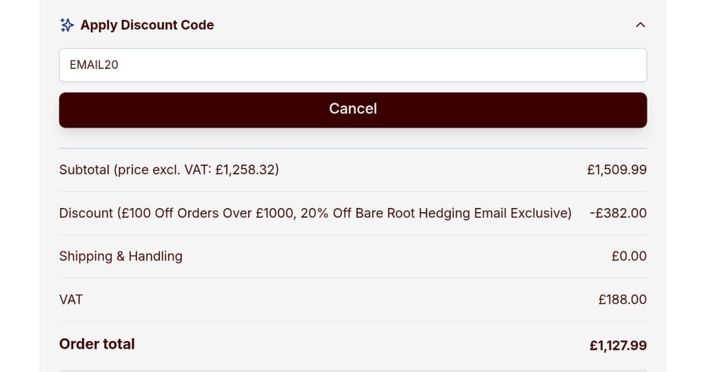 Screenshot of the Hedges Direct discount code working