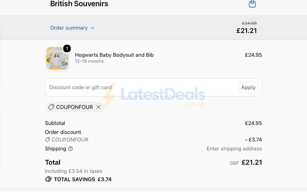 Screenshot of the British Souvenirs discount code working