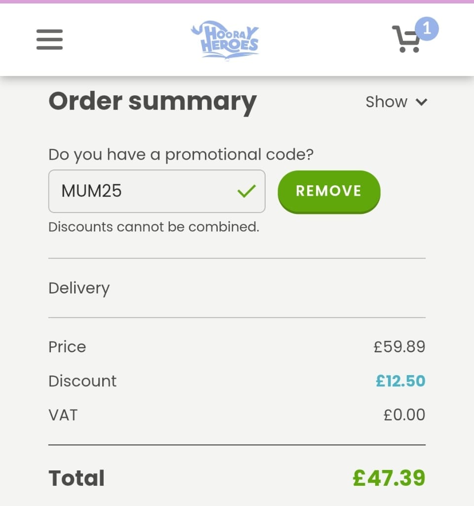 Screenshot of the Hooray Heroes discount code working