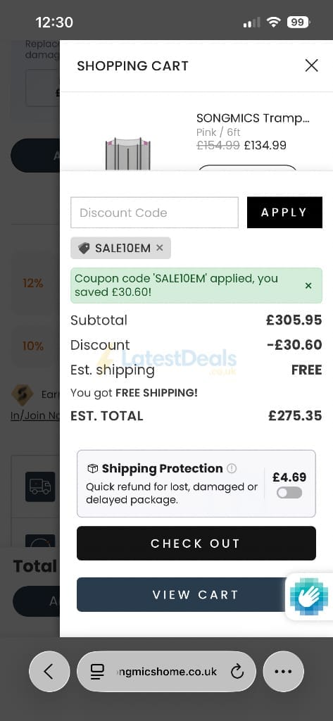 Screenshot of the Songmics discount code working