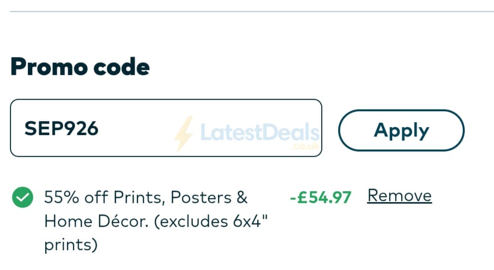 Screenshot of the Snapfish discount code working