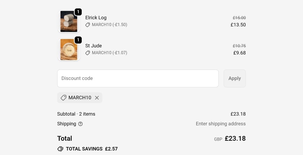 Screenshot of the Paxton & Whitfield discount code working