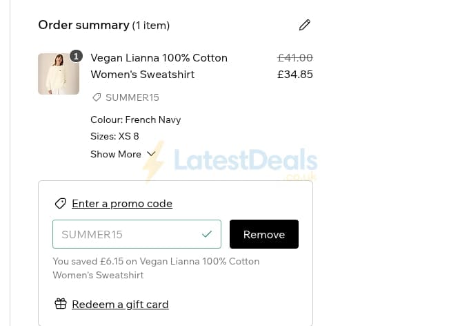 Screenshot of the VEGAN Happy Clothing discount code working