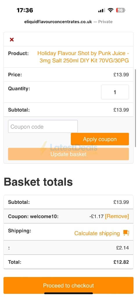Screenshot of the Eliquid Flavour Concentrates discount code working