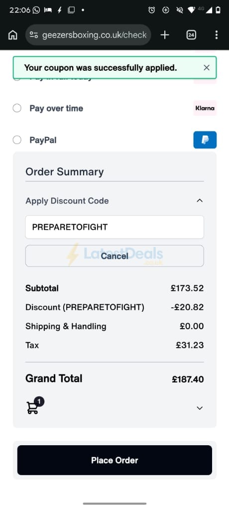 Screenshot of the Geezers Boxing discount code working
