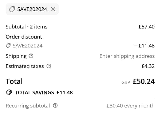 Screenshot of the Tenzo Tea discount code working