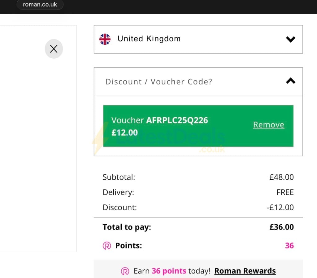 Screenshot of the Roman discount code working