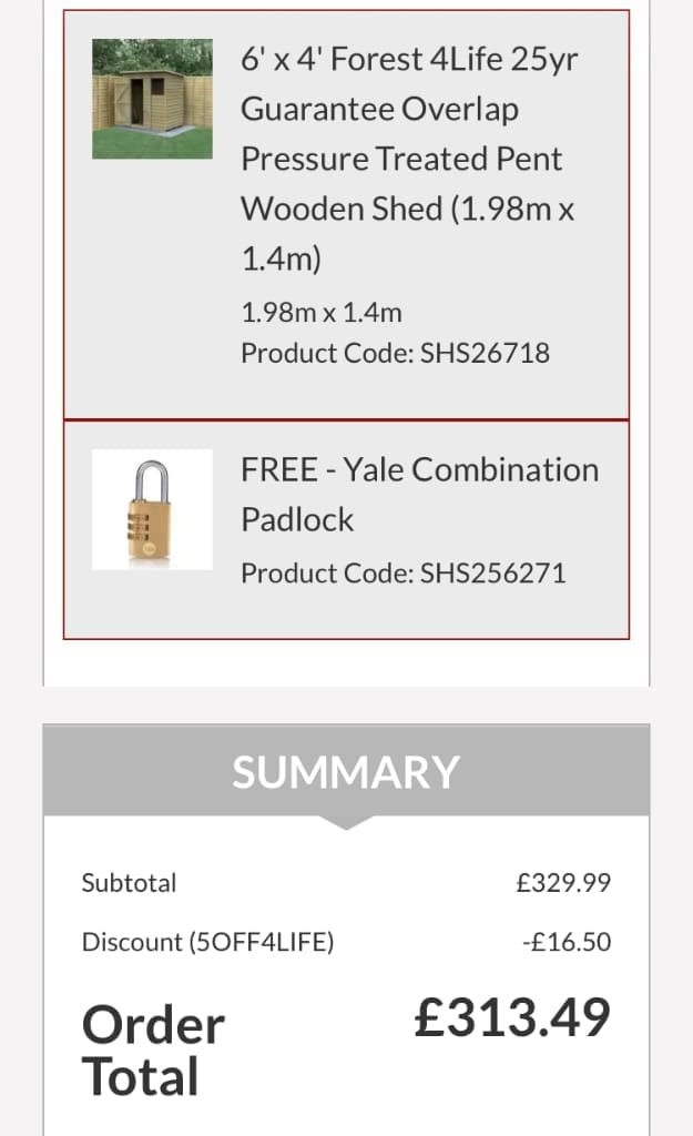 Screenshot of the Shedstore discount code working