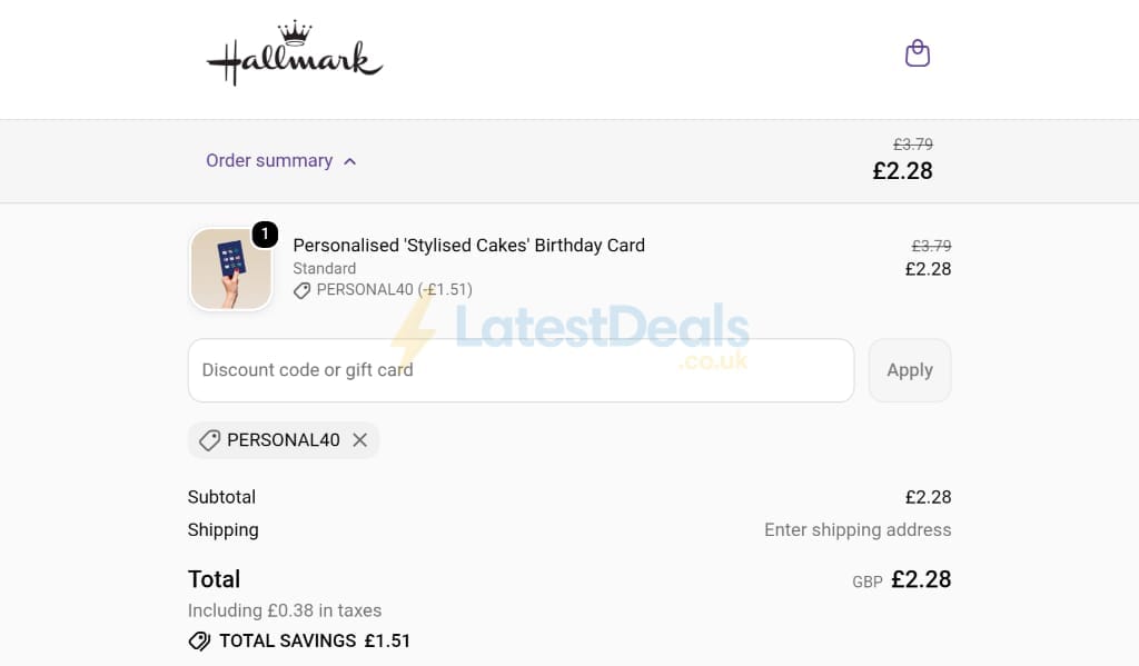 Screenshot of the Hallmark discount code working