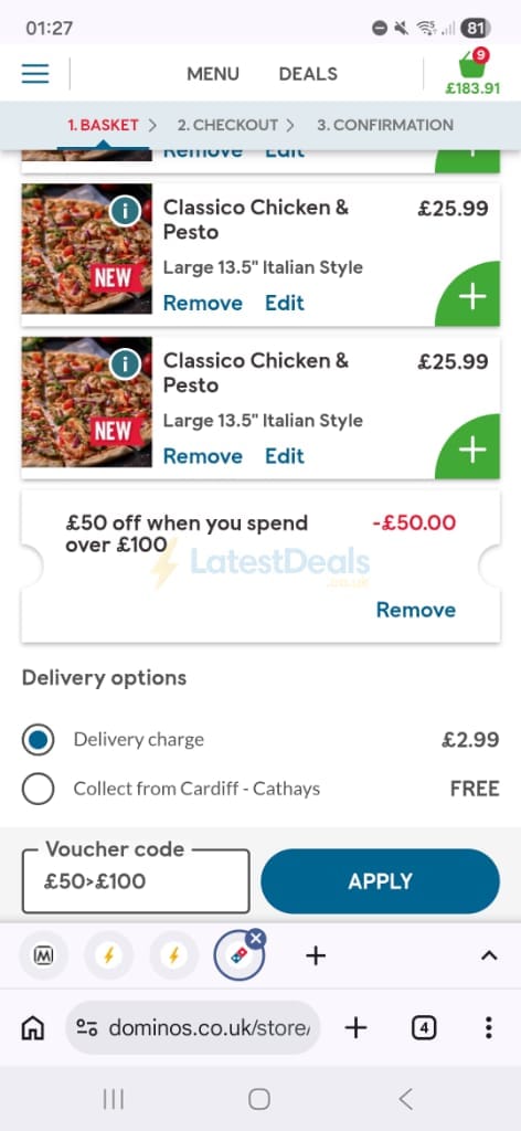 Screenshot of the Domino's discount code working