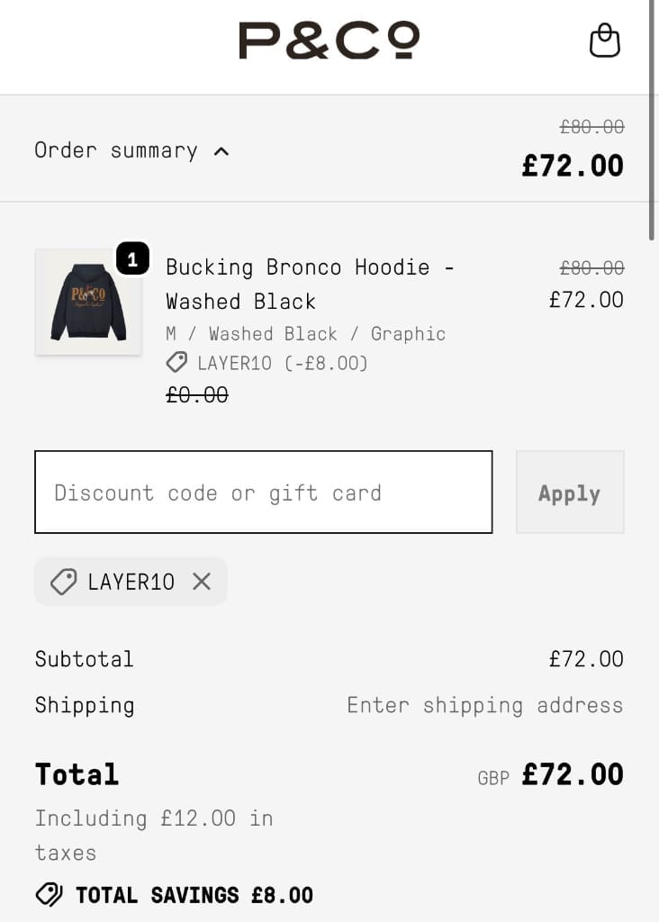 Screenshot of the P&Co discount code working