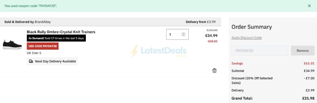 Screenshot of the BrandAlley discount code working