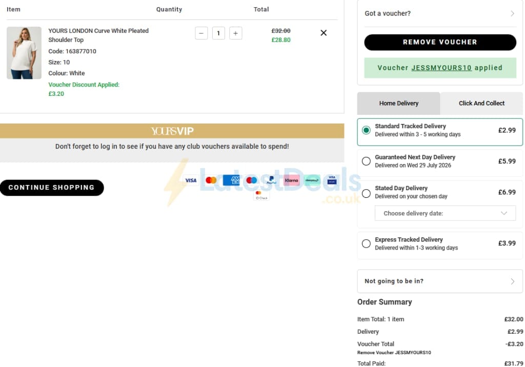 Screenshot of the Yours Clothing discount code working