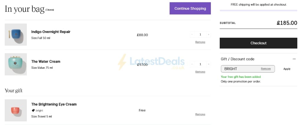 Screenshot of the Tatcha discount code working