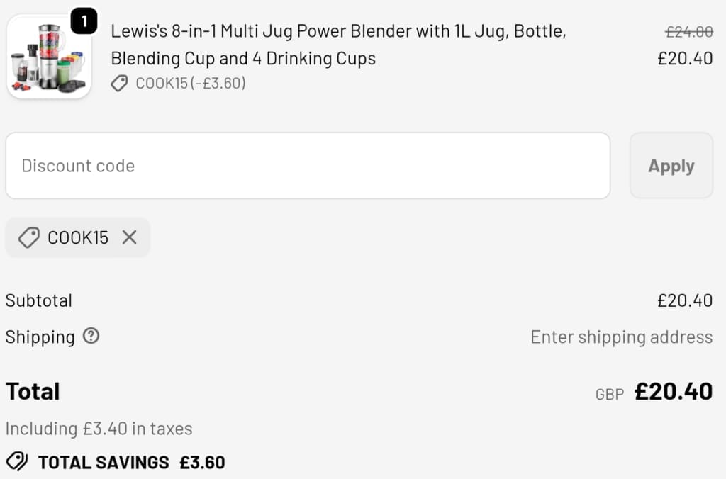 Screenshot of the TJ Hughes discount code working