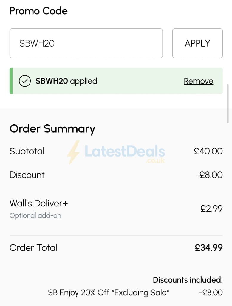 Screenshot of the Wallis discount code working