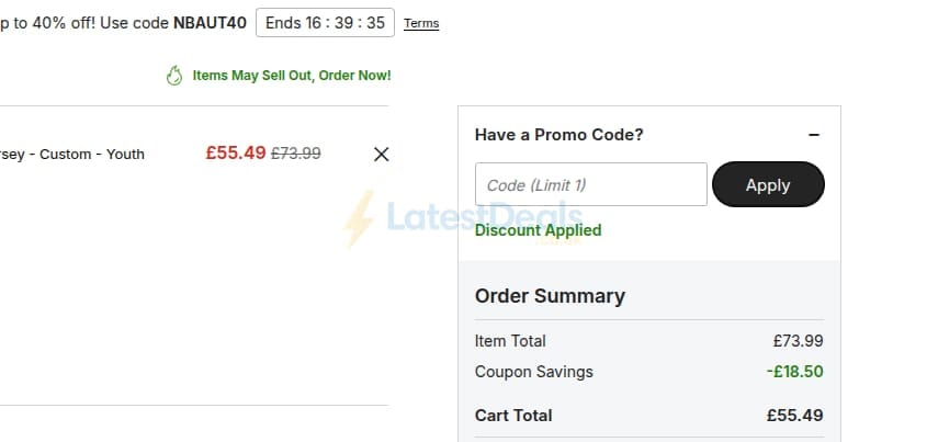 Screenshot of the NBA Store discount code working