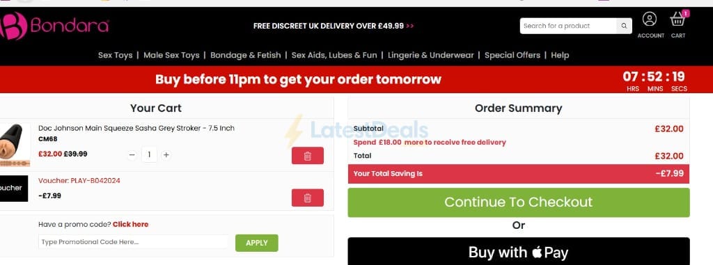 Screenshot of the Bondara discount code working