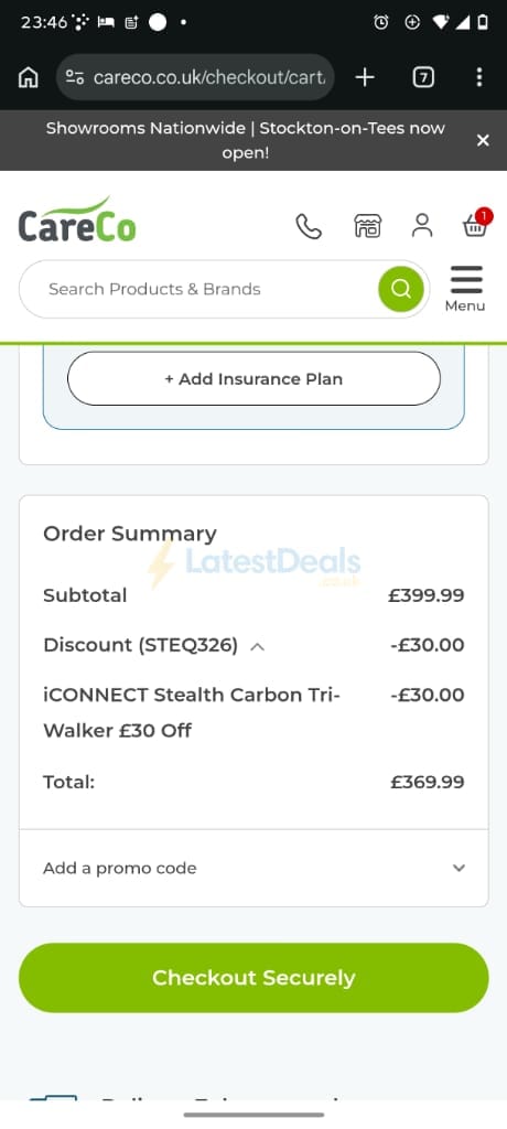 Screenshot of the CareCo discount code working