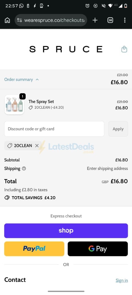 Screenshot of the Spruce discount code working