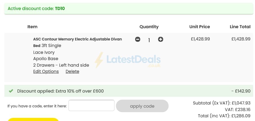Screenshot of the Archers Sleepcentre discount code working
