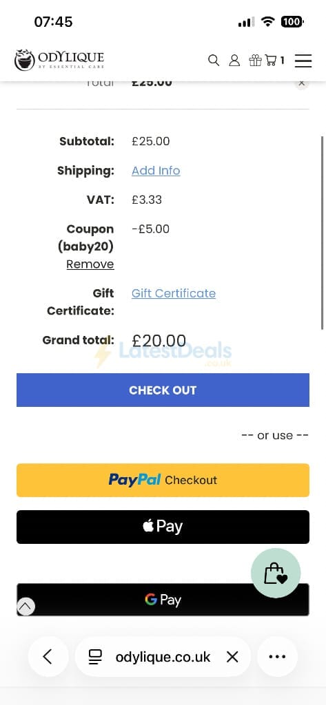 Screenshot of the Odylique discount code working